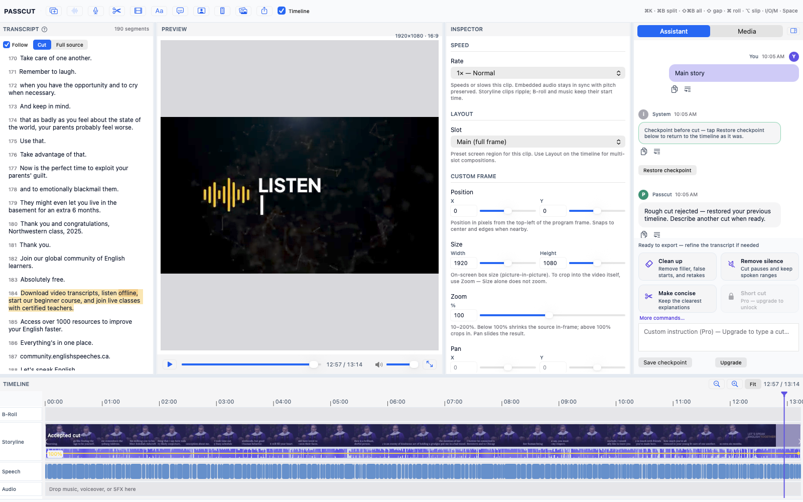 Passcut interface preview: transcript, instruction bar, and assembly timeline